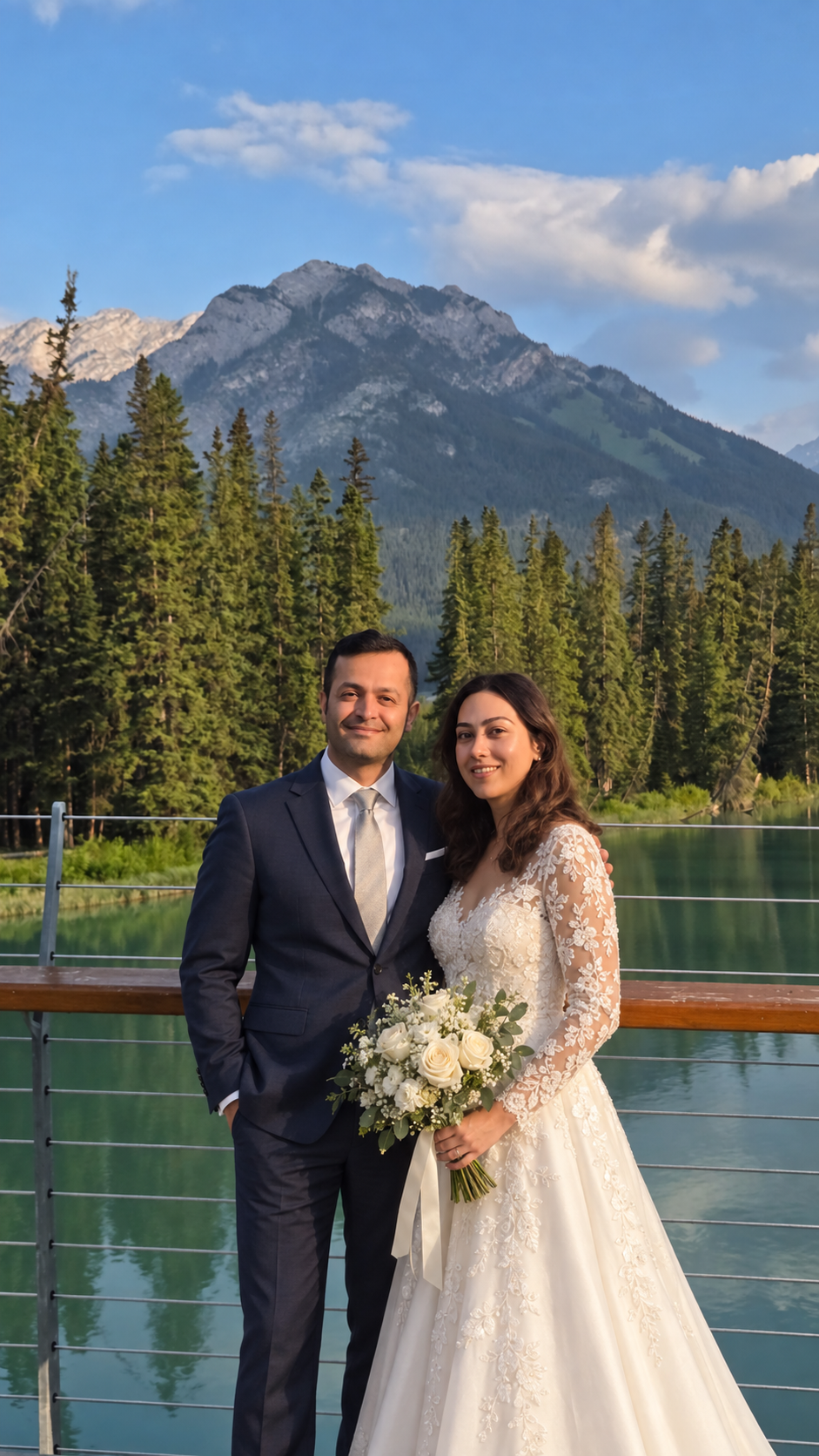 Sarah and Mohammad together beside a mountain lake, holding a white bridal bouquet.